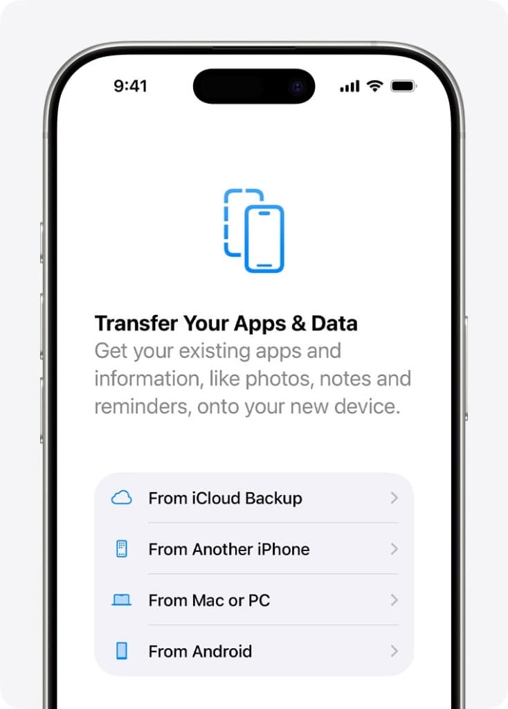 iPhone kurulumunda uygulamaları ve verileri aktarma seçeneklerini gösteren ekran
