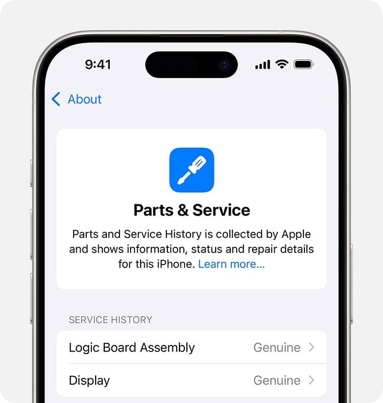 iPhone Ayarlar uygulamasında Parça ve Servis Geçmişi ekranı