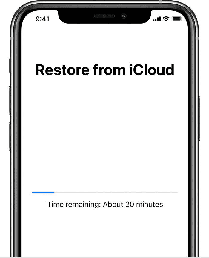 iCloud yedeklemesinden geri yükleme sırasında ilerleme çubuğu görünen iPhone ekranı
