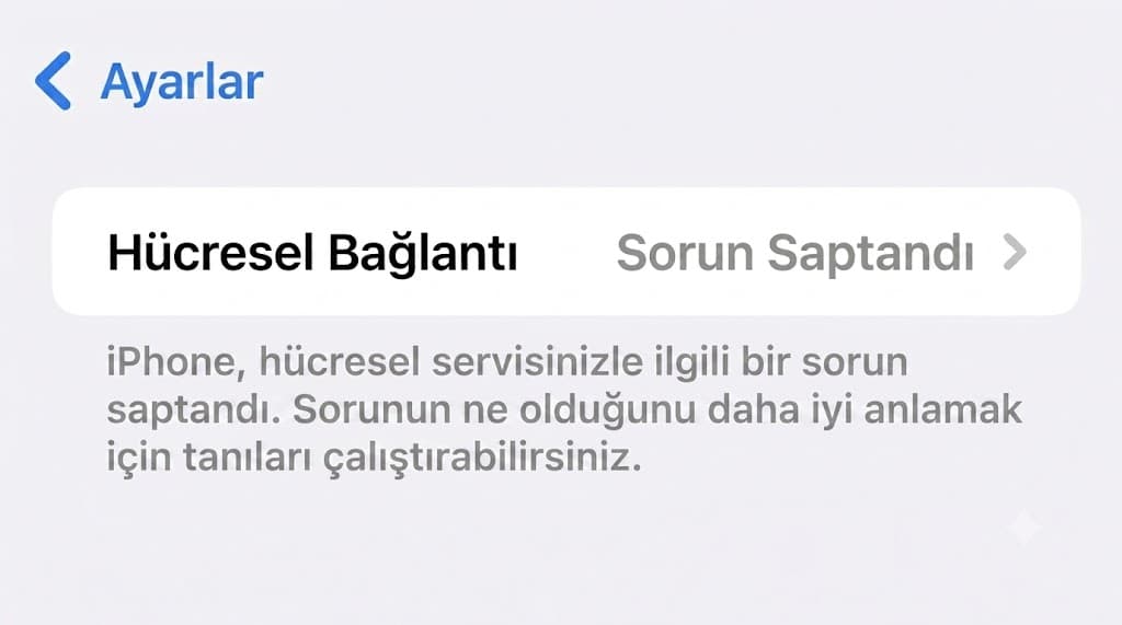iPhone Ayarlar ekranında Hücresel Bağlantı Sorun Saptandı uyarısı