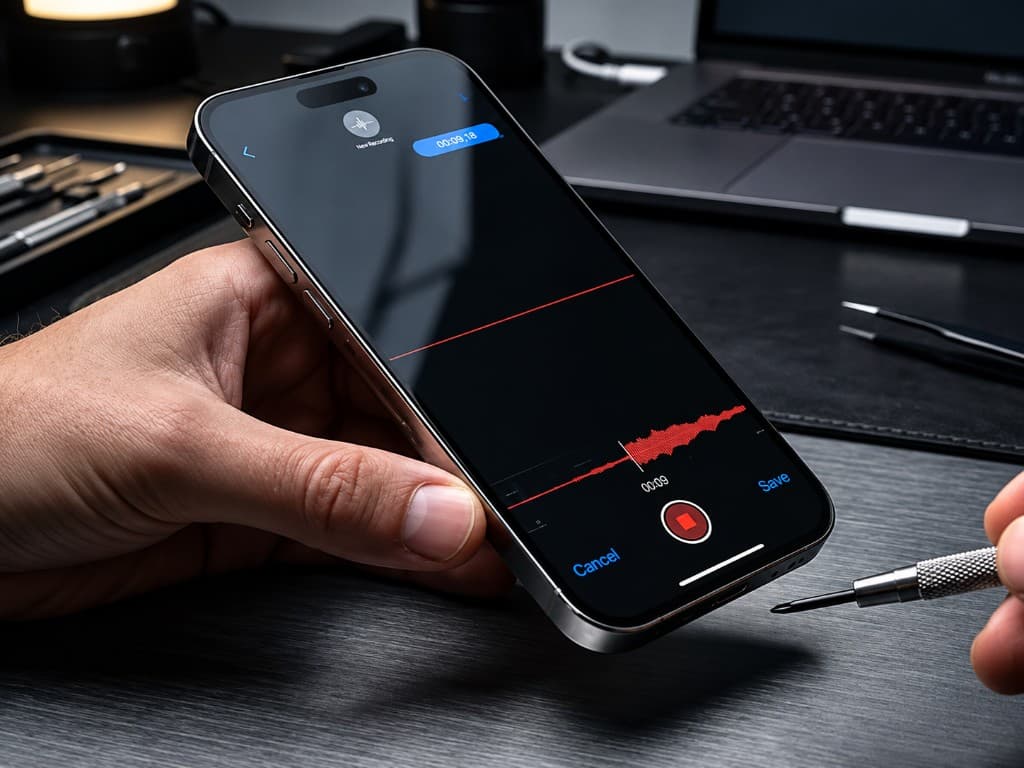iPhone mikrofon kaydı sırasında teknik kontrol — ses dalgası ve tamir ucu