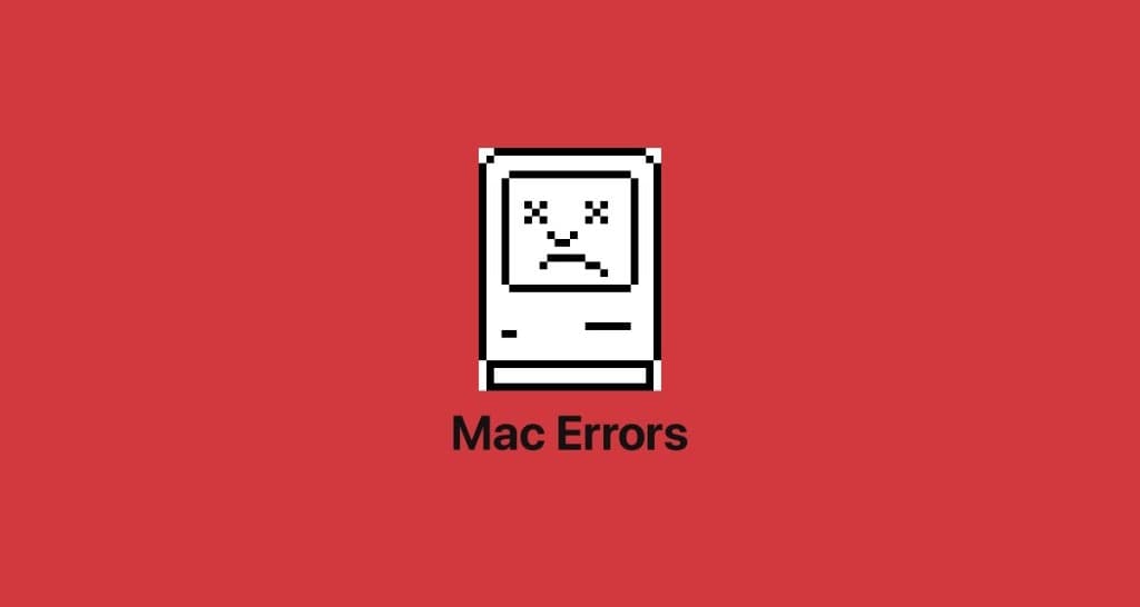 Kırmızı arka plan üzerinde üzgün pikselli Macintosh simgesi ve Mac Errors yazısı