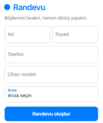 iMagic Servis online randevu formu ekranı