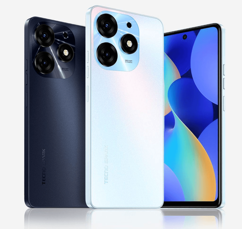 Tecno Spark telefonları: arka cam, 50 MP kamera ve ön ekran görünümü